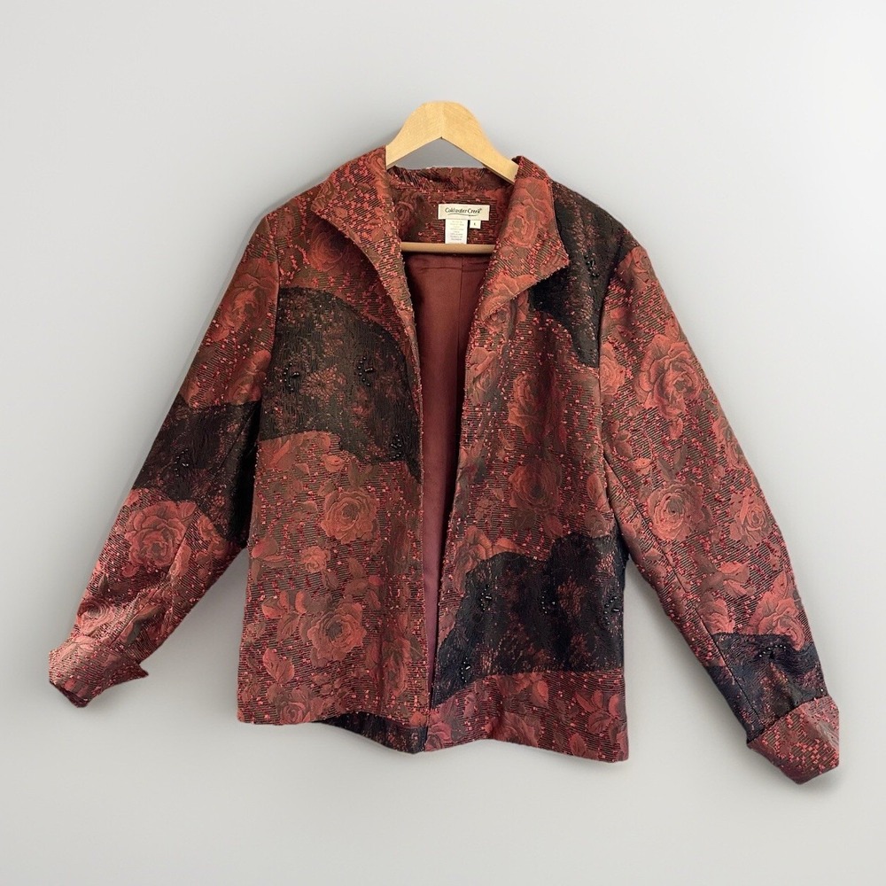 Women's COLDWATER CREEK Rose Black Lace Overlay Red Lining Jacket Sz L